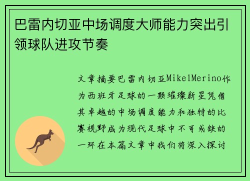 巴雷内切亚中场调度大师能力突出引领球队进攻节奏